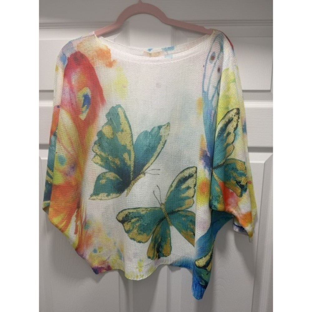 L111 Loowie Teal Butterfly Round Neck Knit Printed Sweater One Size